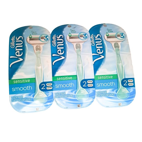 Gillette Venus Razor 3pk Bundle Sensitive Smooth Razor +2 Cartridges Skin Elixir - Picture 1 of 5
